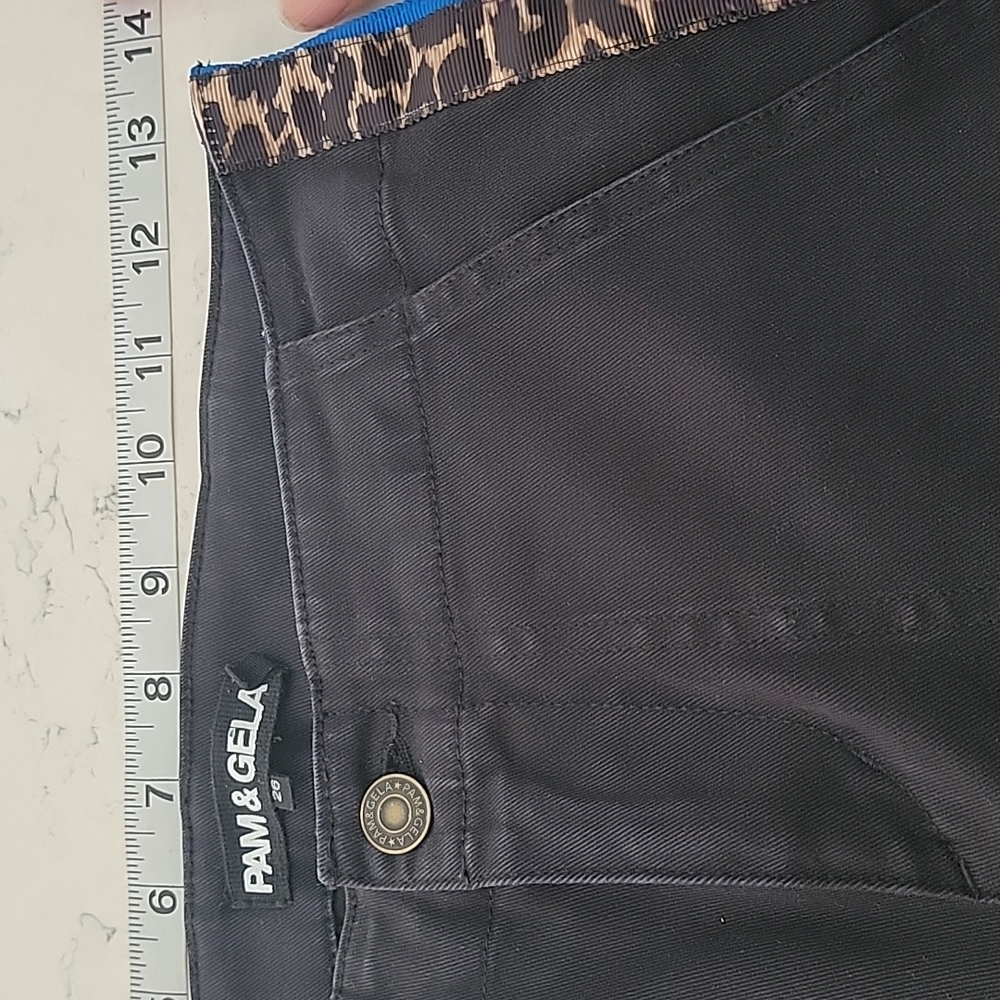 Pam & Gela black cargo jogger moto pants leopard and blue racer stripe size 26 - Picture 12 of 15